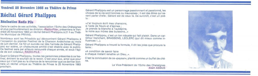 Récital Gérard PHALIPPOU Théâtre de PRIVAS par Radio PILE. Article de Faut Voir, le journal informations Culturelles du Conseil général Ardèche.